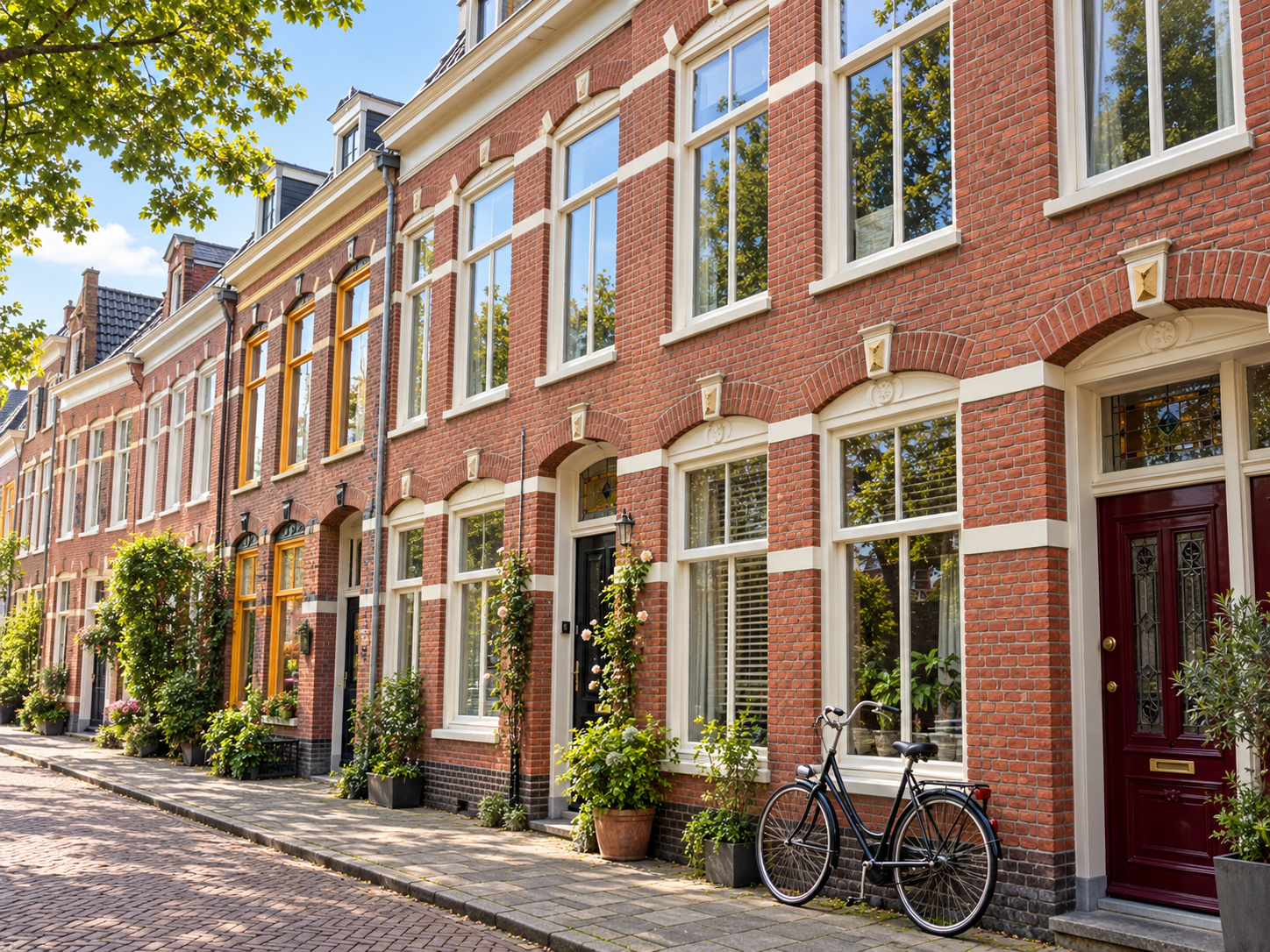 Traditional Dutch brick houses along a leafy residential street with a bicycle