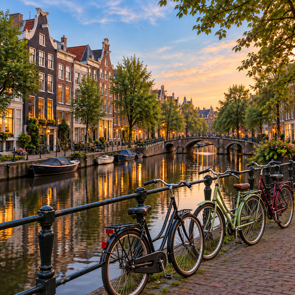 Bicycles beside a Dutch canal with historic houses and a bridge at sunset